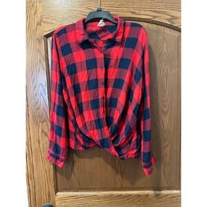 Harper Heritage Womens XL Red Black Plaid Button Up Long Sleeve Twist Front